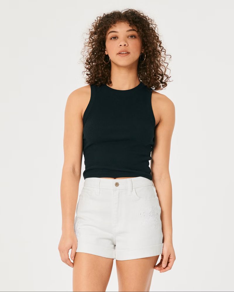 Ultra High-Rise Embroidered White Denim Mom Shorts | Hollister (US)