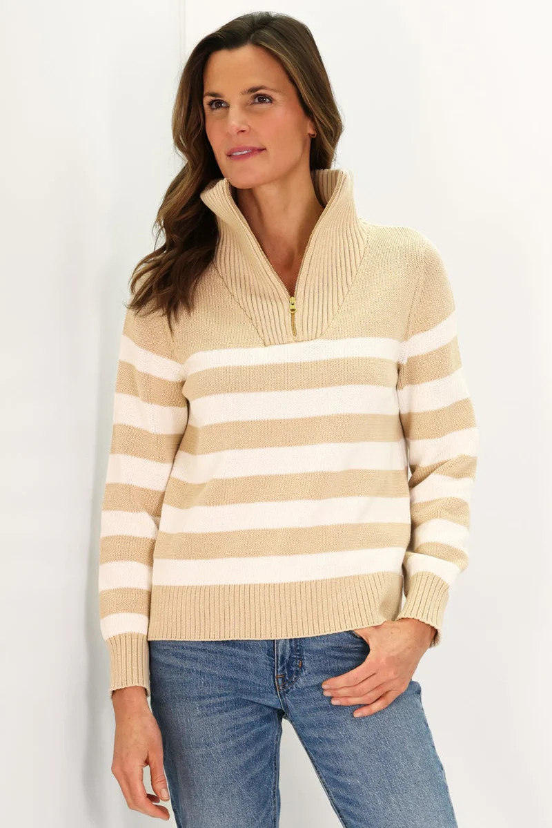 Tan and Ivory Stripe Cotton Blaire Quarter Zip Sweater | Duffield Lane