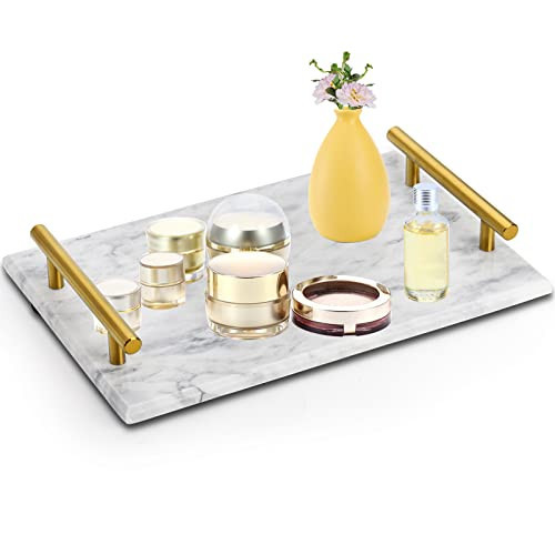 DEAYOU Decorative Tray with Gold Handles, Natural Marble Stone Tray, 12" Nightstand Serving Tray with Metal Handle, Perfume Tray Pastry Food Board for Bathroom, Vanity, Coffee Table, Desk, White | Amazon (US)
