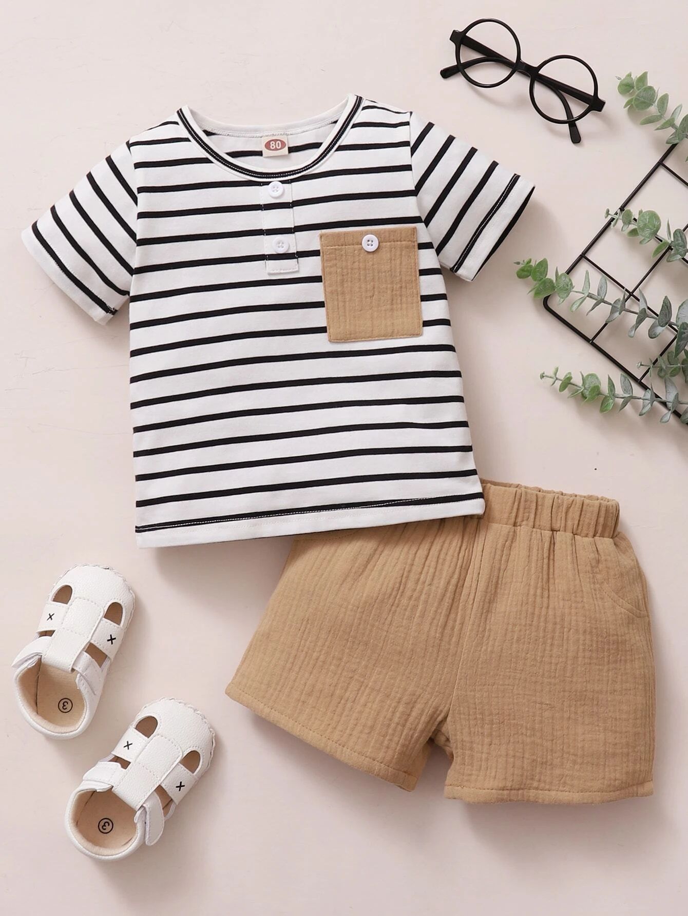 Baby Boy Striped Pocket Patched Tee & Shorts | SHEIN