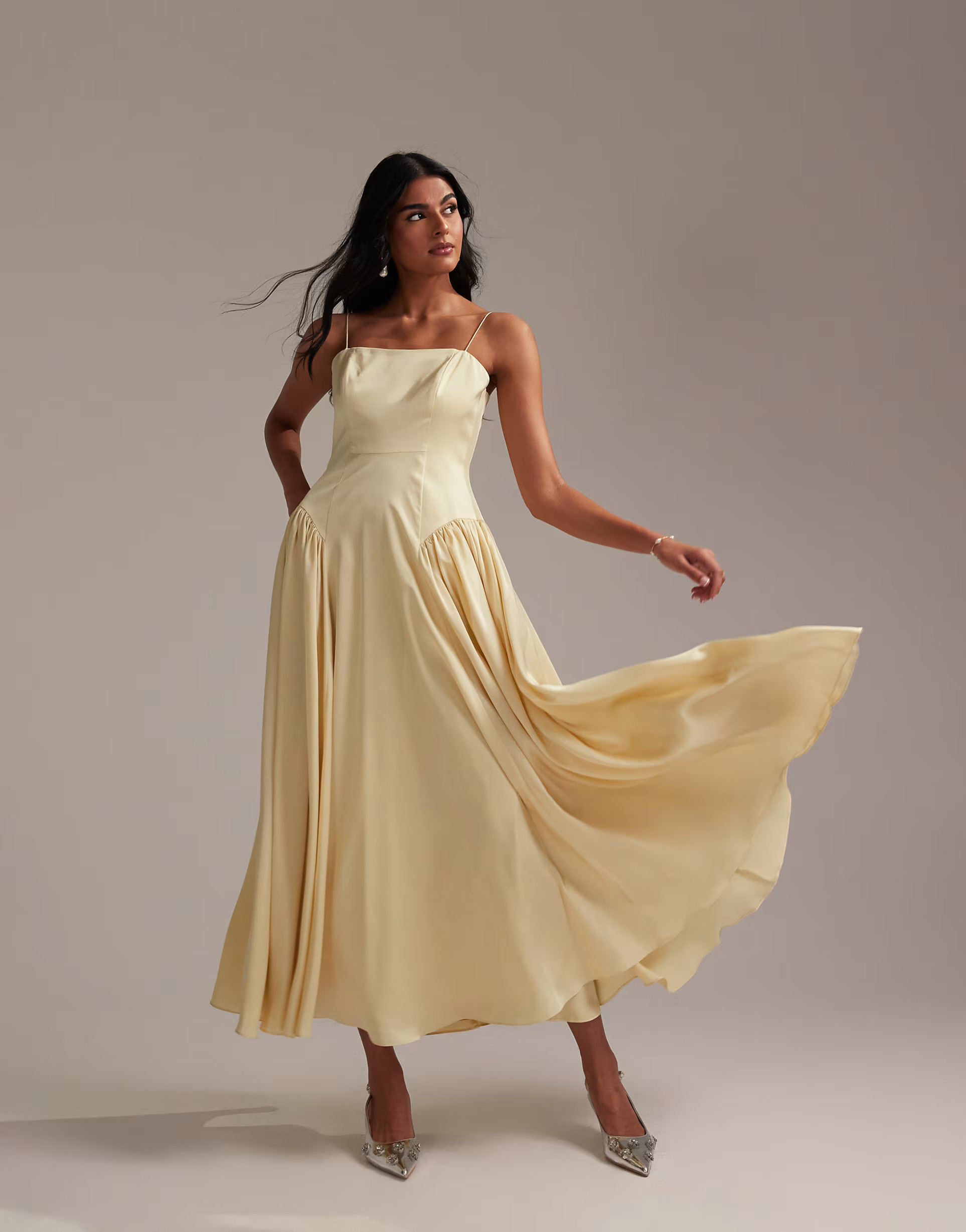 ASOS DESIGN Bridesmaids drop waist tie detail cami midaxi dress in soft yellow | ASOS | ASOS (Global)