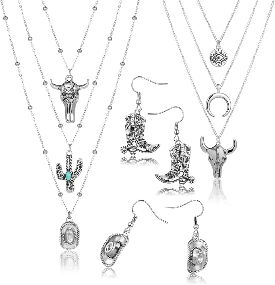 Ferreve 6 Pcs Western Cowgirl Necklace Earring Jewelry Set for Women, Western Cowgirl Layered Cha... | Amazon (US)