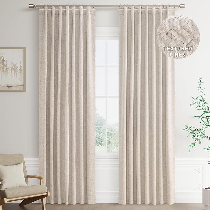 Joywell Oatmeal Tan Linen 100% Blackout Curtains 96 Inch Long, Rod Pocket/Back Tab/Hook Belt,Ther... | Amazon (US)