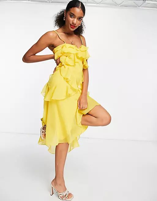 ASOS DESIGN bias cut midi dress with ruched back detail in yellow | ASOS (Global)