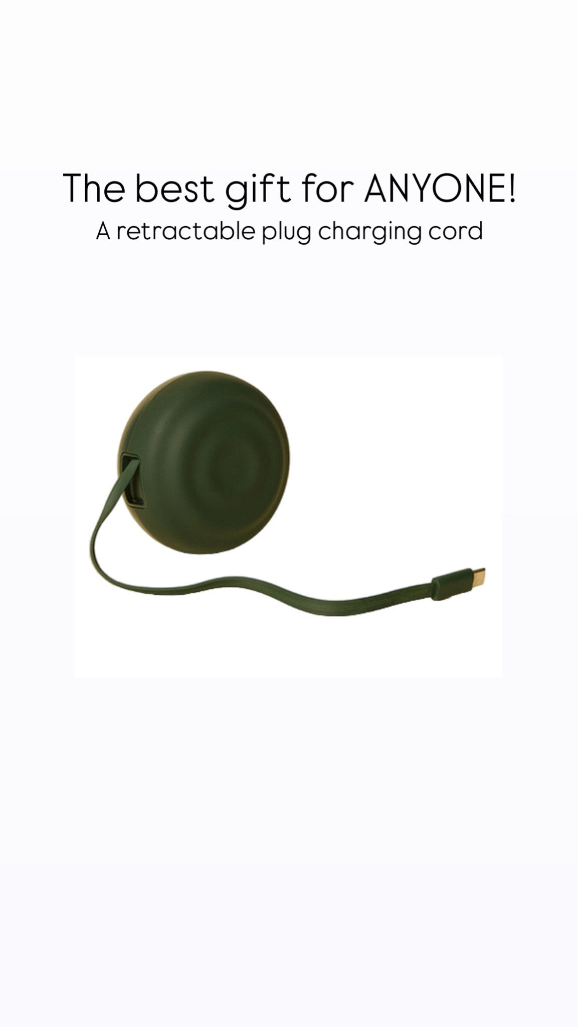 The retractable phone cord!  A must have stocking stuffer!  The retractable portion plugs directly into the wall!  

#stockingstufferideas #giftsforhim #giftsforeveryone #charger #chargingcord

#LTKGiftGuide #LTKHome #LTKFindsUnder50