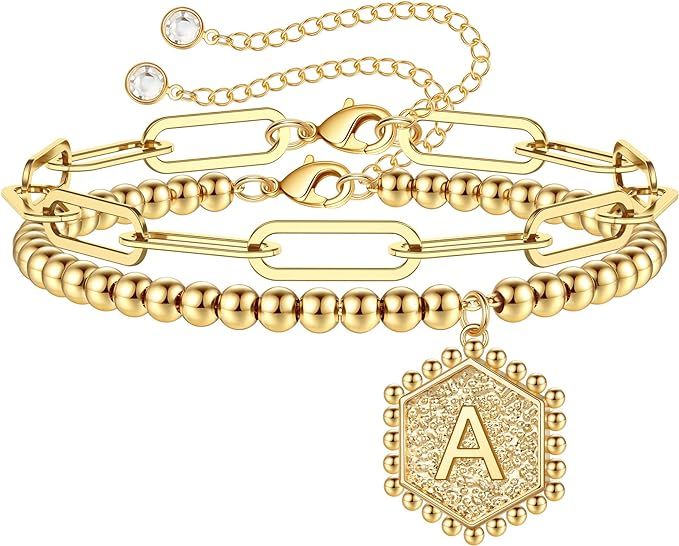 IEFWELL Gold Bracelets for Women, Layered Initials A Bracelet Paperclip Link Gold Chain Bracelets... | Amazon (US)