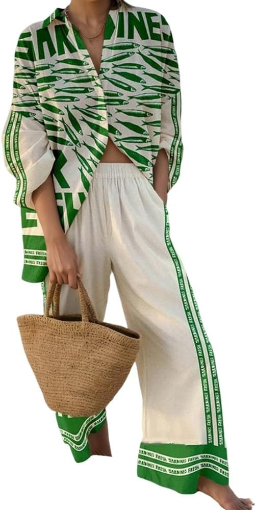Amazon.com: Akivide Womens Beach Vacation 2 Piece Outfits Long Sleeve Button Down Shirts and Matc... | Amazon (US)