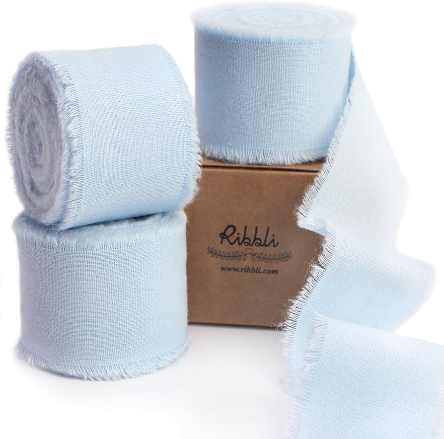 Ribbli 3 Rolls Light Blue Ribbon 1.5 Inch x 18Yards Handmade Cotton Frayed Fringe Ribbons for Gif... | Amazon (US)