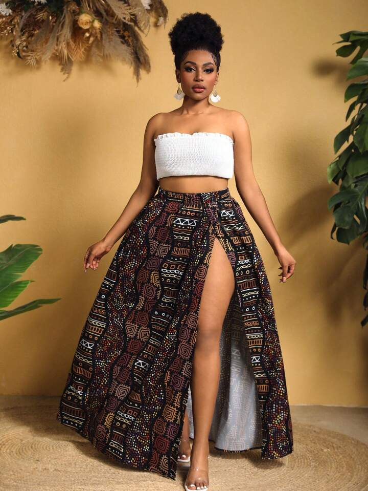 SHEIN Slayr Plus Size Full Print Tie Waist Side Slit Skirt | SHEIN