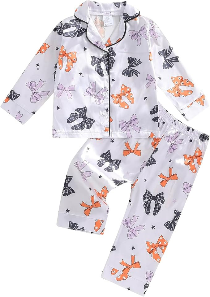 Kids Girls Christmas Valentines Pajamas Cute Print Button Down Tops + Pants Toddler Satin Sleepwe... | Amazon (US)