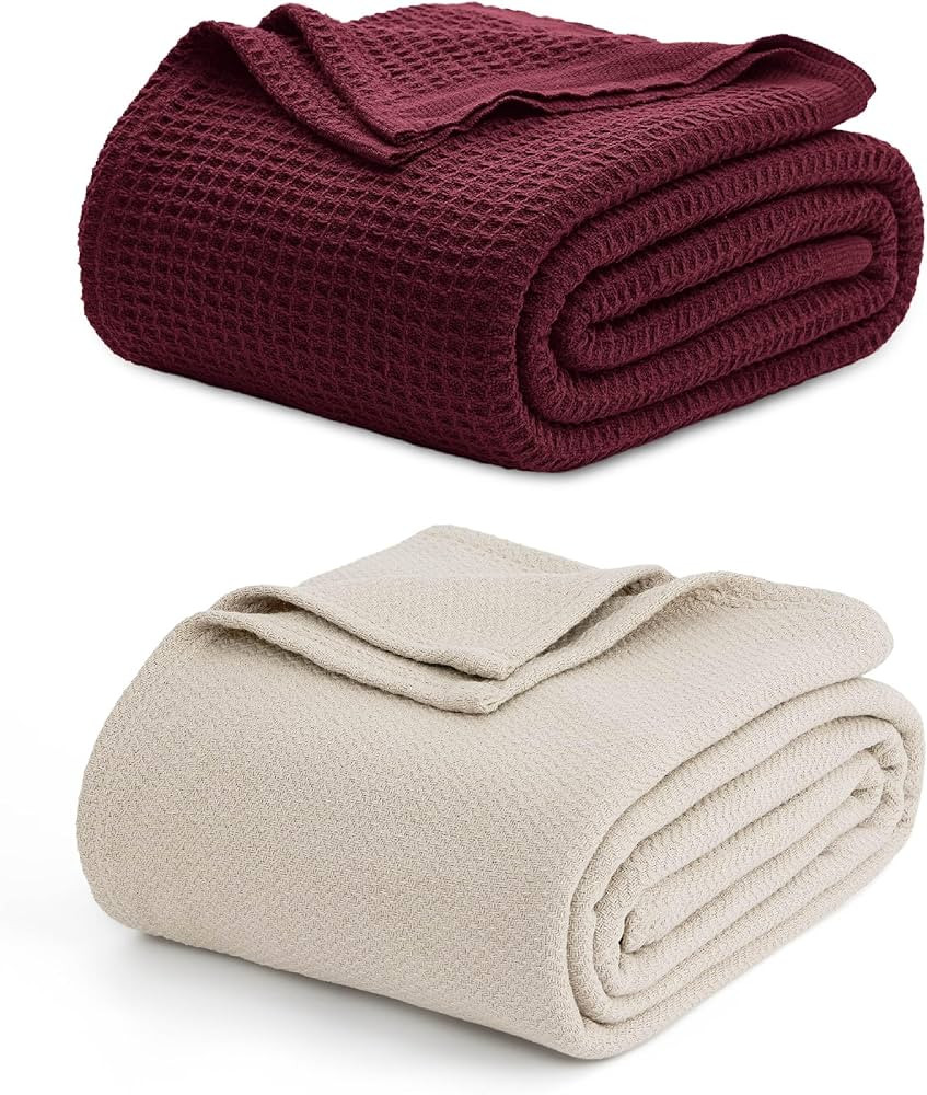 Bedsure Bundle of 1 Cotton Herringbone Weave Blanket 66x90 & 1 Cotton Waffle Weave Blanket 66x90 | Amazon (US)