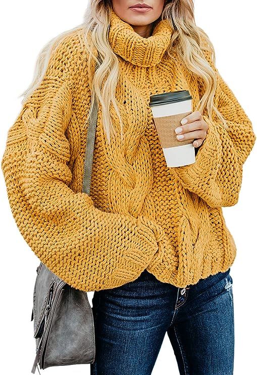 Dokotoo Women Solid Turtleneck Balloon Long Sleeve Sweaters Pullover Outerwear | Amazon (US)