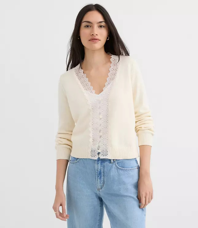 Lace Trim V-Neck Cardigan | LOFT