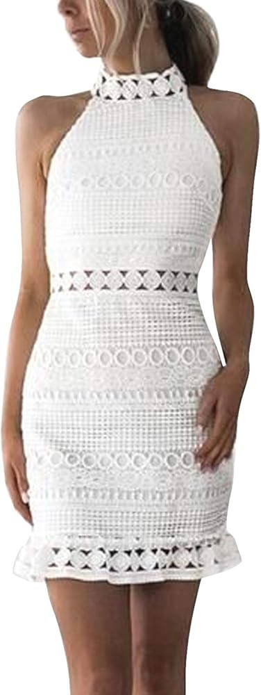 Inshine Women Sleeveless White Lace Crochet Hollow Out Club Party Cocktail Bodycon Mini Dresses 0... | Amazon (US)