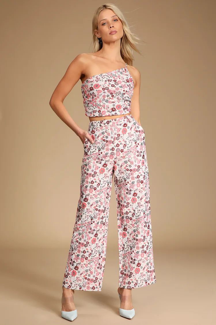 Bloom into Spring Blush Floral Jacquard Wide-Leg Pants | Lulus (US)