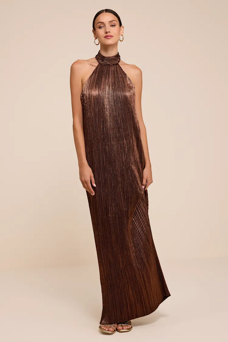 Portia Bronze Pleated Halter Maxi Dress | Lulus