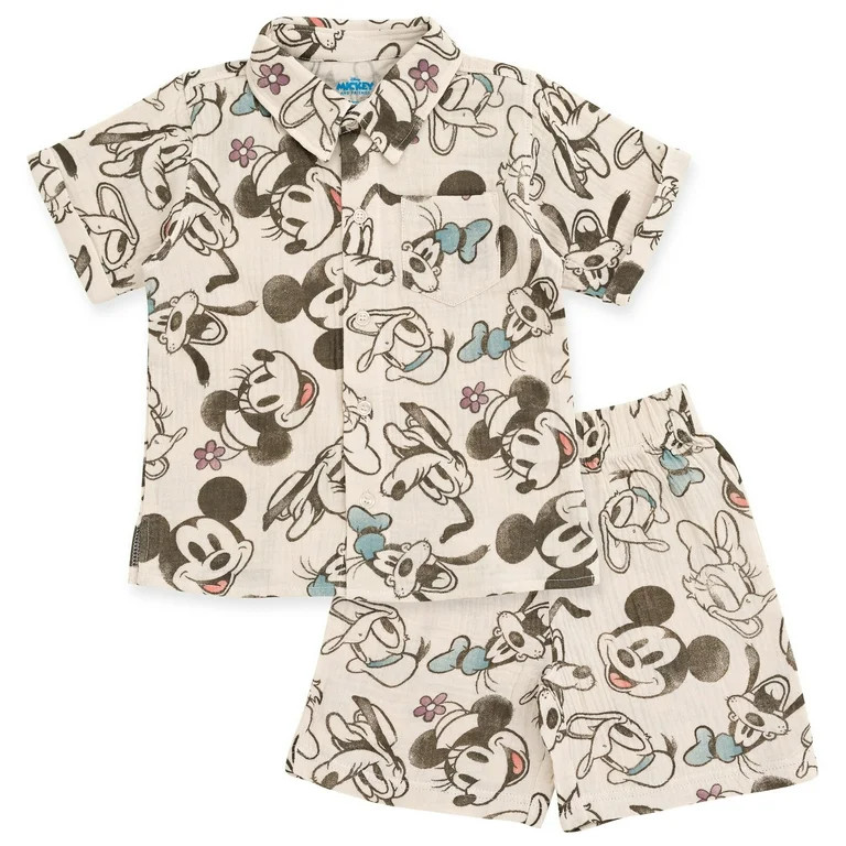 Disney Mickey Mouse Goofy Donald Duck Toddler Boys Cotton Gauze Button Down Dress Shirt and Short... | Walmart (US)