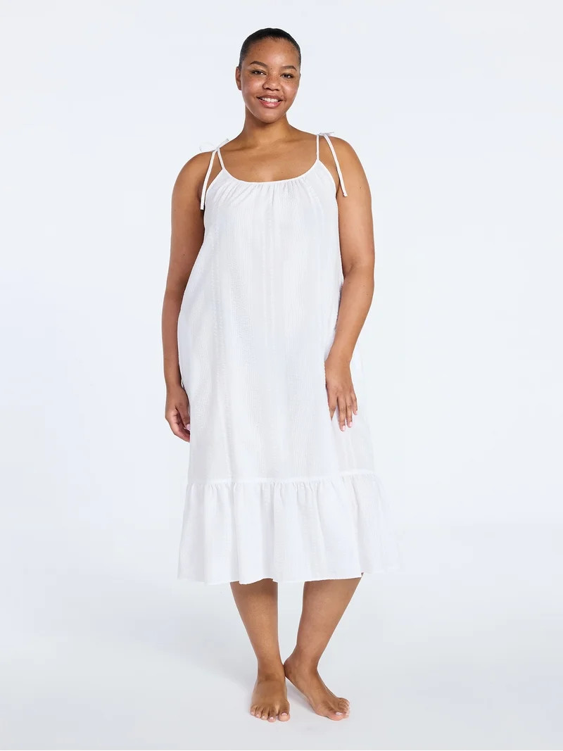 Joyspun Women's Seersucker Midi Sleep Gown with Shoulder Tie, Sizes XS to 3X | Walmart (US)