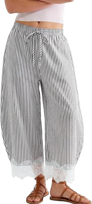 SeeLuNa Women Pajama Pants Cropped Striped Lace Hem Drawstring High Waist Pants Summer Boho Loung... | Amazon (US)
