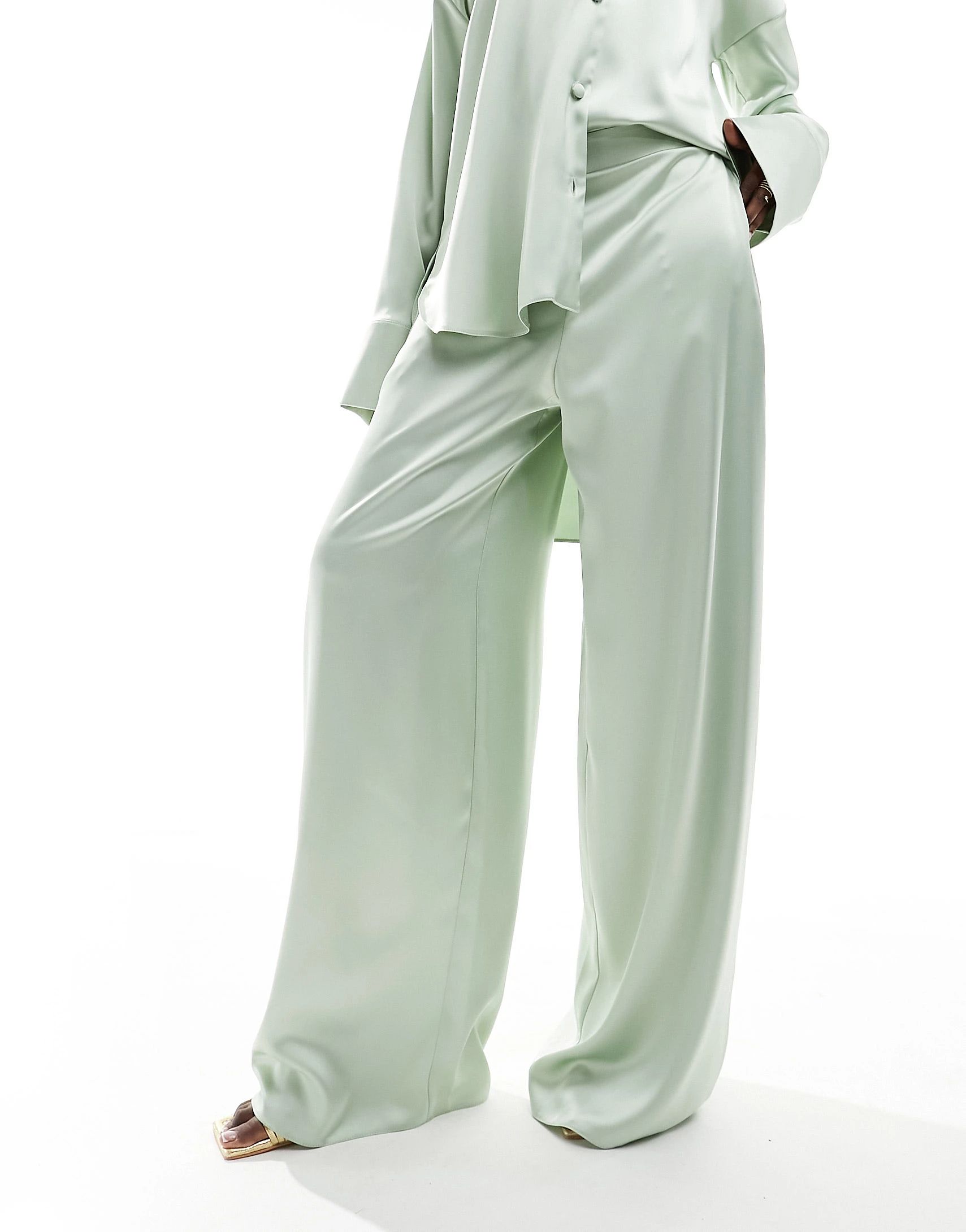 ASOS DESIGN satin pyjama shirt & wide leg trouser co-ord in sage green | ASOS (Global)