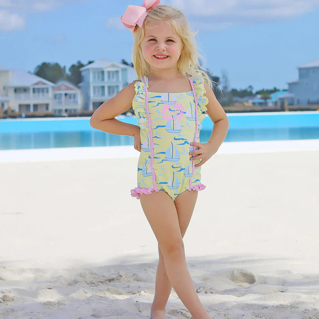 Yellow Sailboat Print Ruffle One Piece | Classic Whimsy