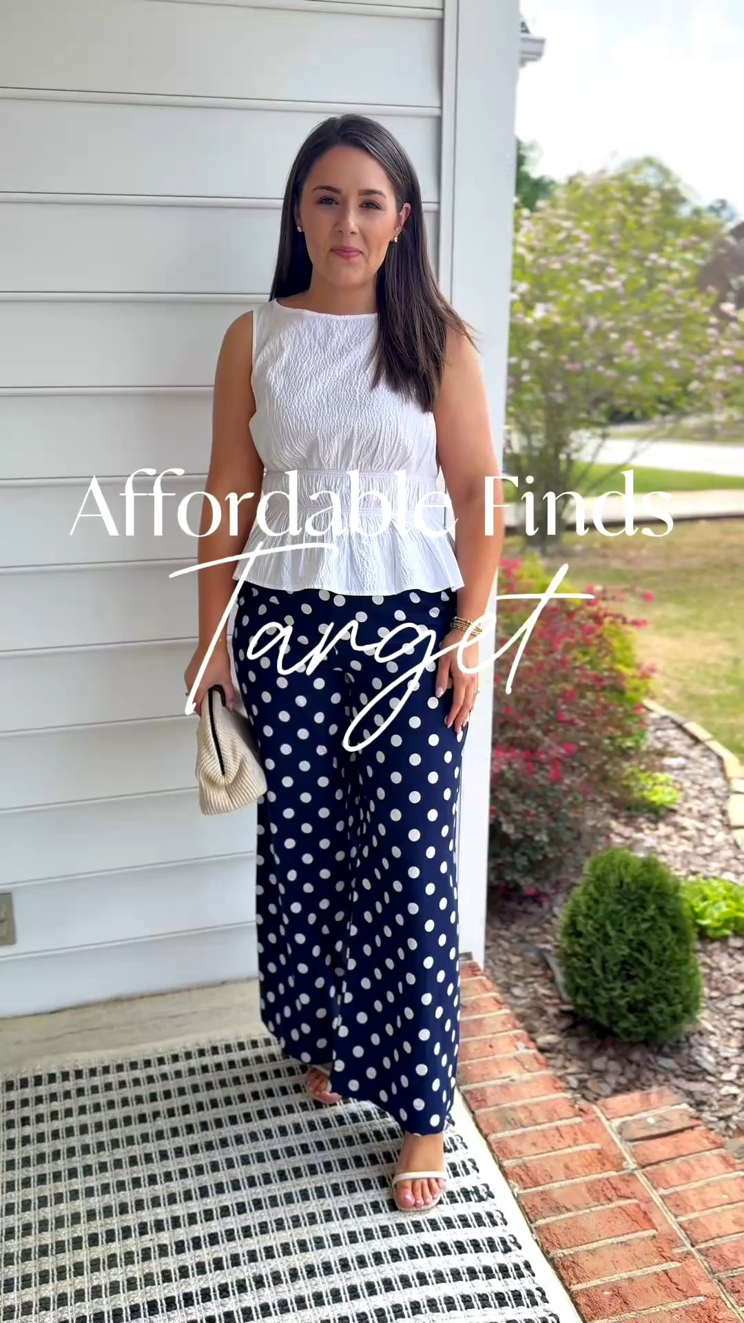 The navy blue and white polkadotted pants do not seem to be online yet, so check your local store! ￼

Wearing my true size medium in everything. ￼