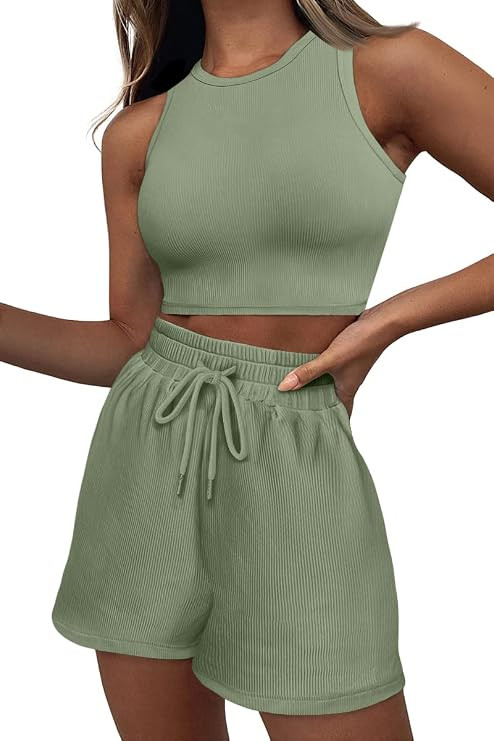AUTOMET Womens 2 Piece Outfits Lounge Sets Sleeveless Crop Top and Drawstring Shorts Sweatsuits S... | Amazon (US)