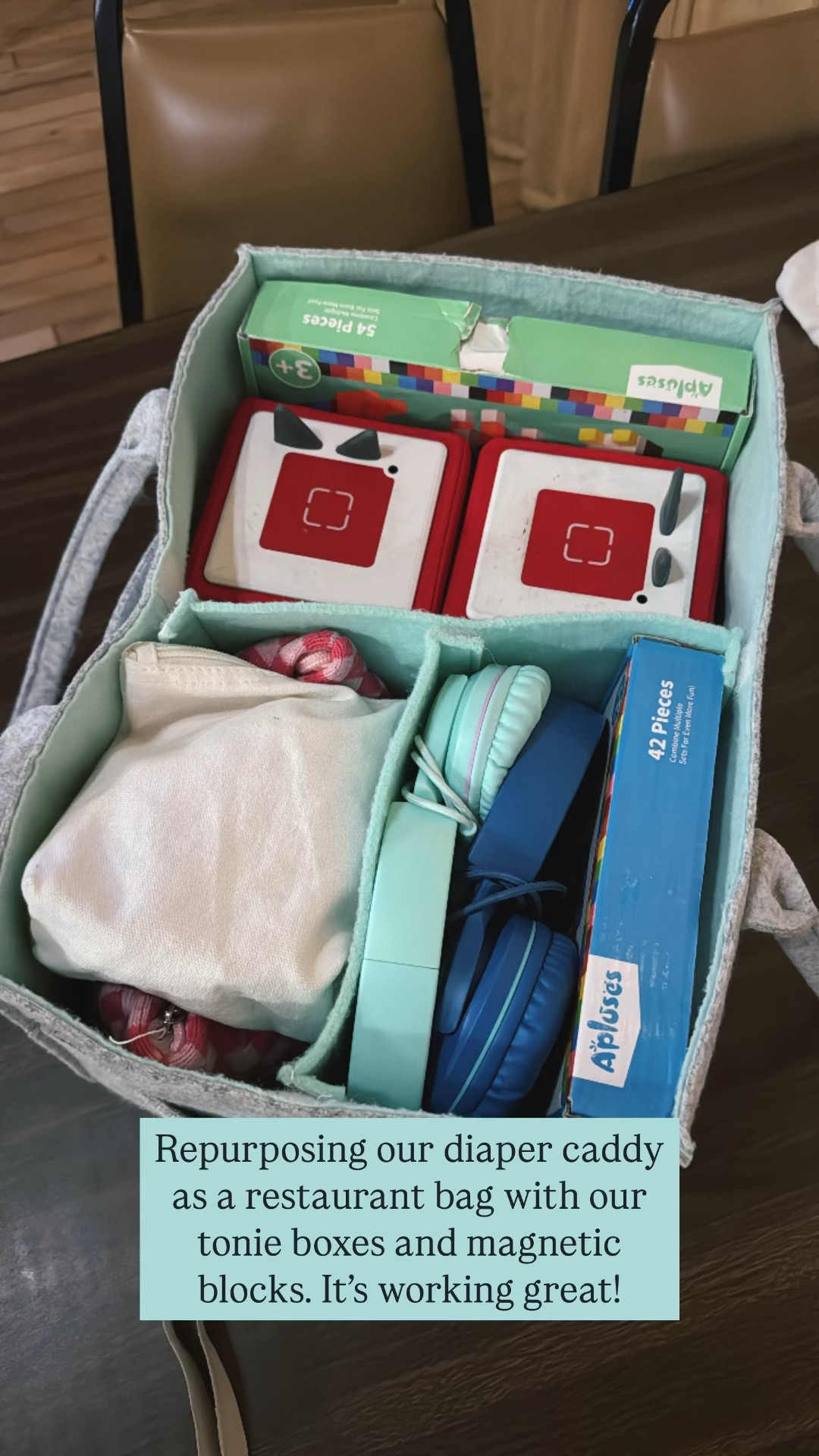 Repurposing our diaper caddy as a restaurant bag for our tonie box and magnetic blocks. It’s working out great! 

I linked everything we have in here ♥️

#LTKFamily #LTKTravel #LTKKids