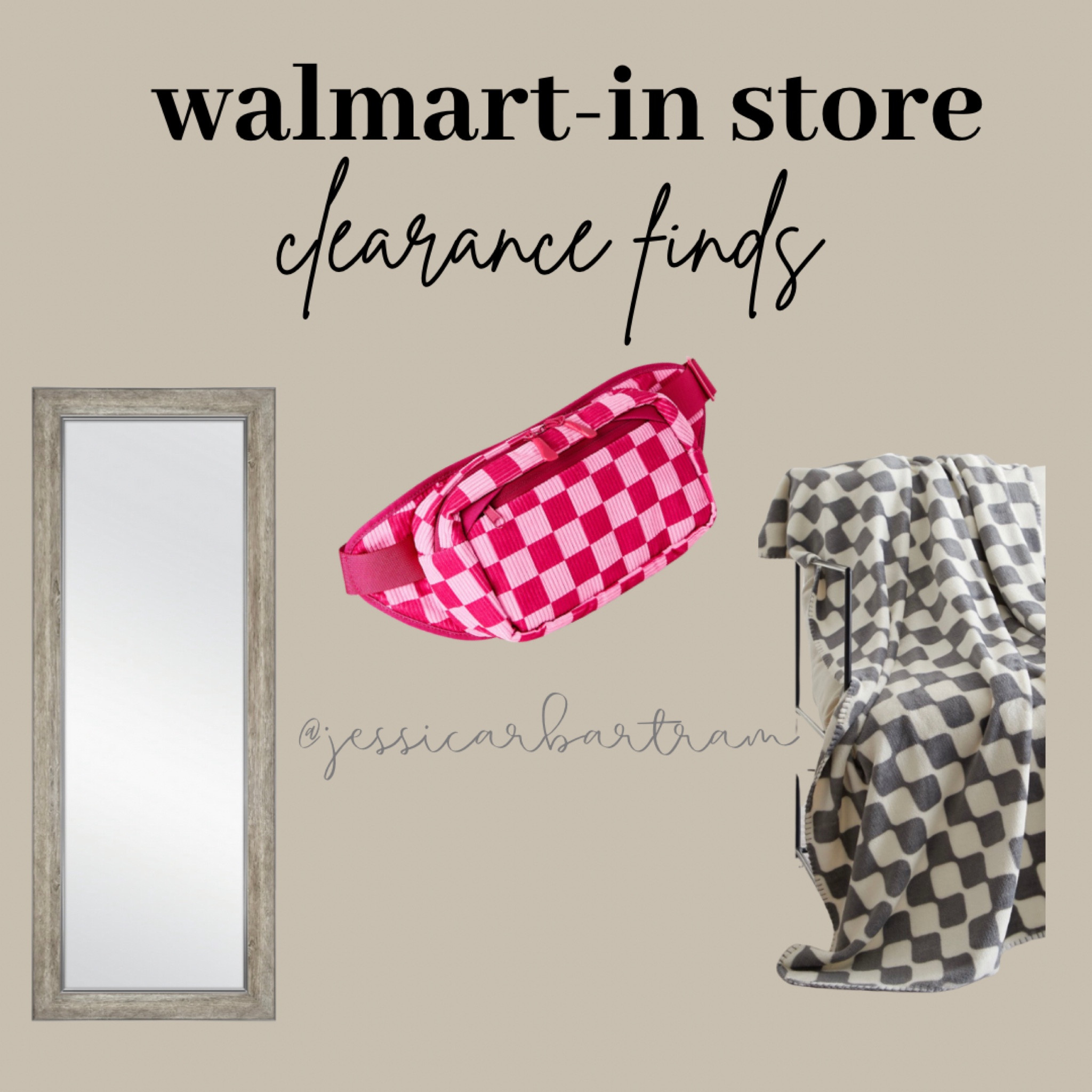 Found some super steals at my local Walmart!! Linked them here so you can check availability at your store! 
mirror in store price- $37.50
checkered throw in store price- $1.00
checkered bum bag not on sale but only $13 🎉🫶🏼 #walmart #instore #clearance 

#LTKunder50 #LTKhome #LTKsalealert