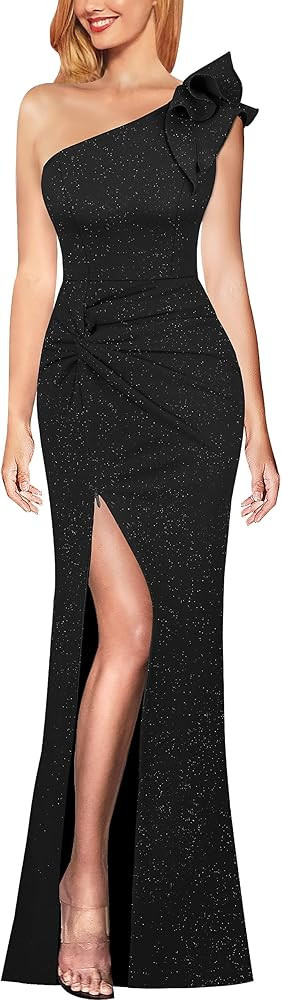 VFSHOW Womens Formal Elegant Ruffle One Shoulder Twist Knot Fitted High Slit Maxi Dress Cocktail ... | Amazon (US)