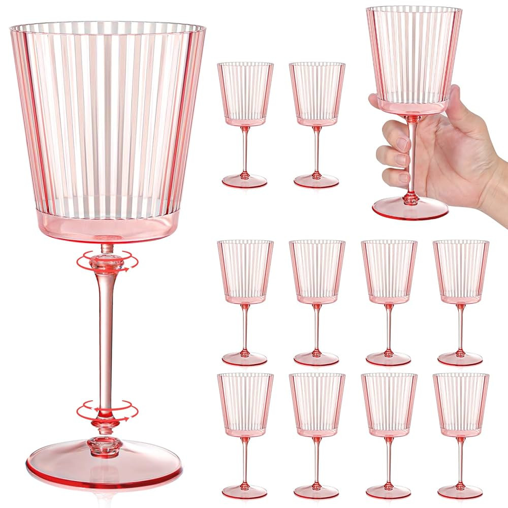 12 PCS Pink Plastic Wine Glasses with Removable Stems 13.5 Oz Pink Ribbed Wine Glasses Square Whi... | Amazon (US)
