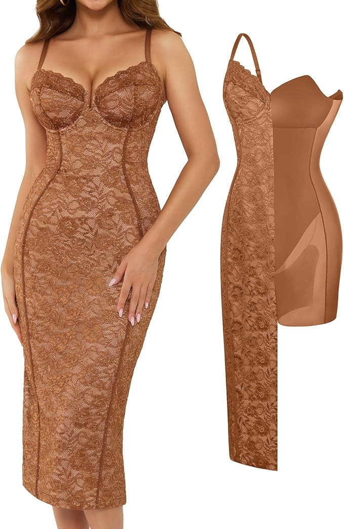 Popilush Built in Shapewear Lace Midi Dress Women's Deep V Neck Sleeveless Formal Wedding Guest C... | Amazon (US)