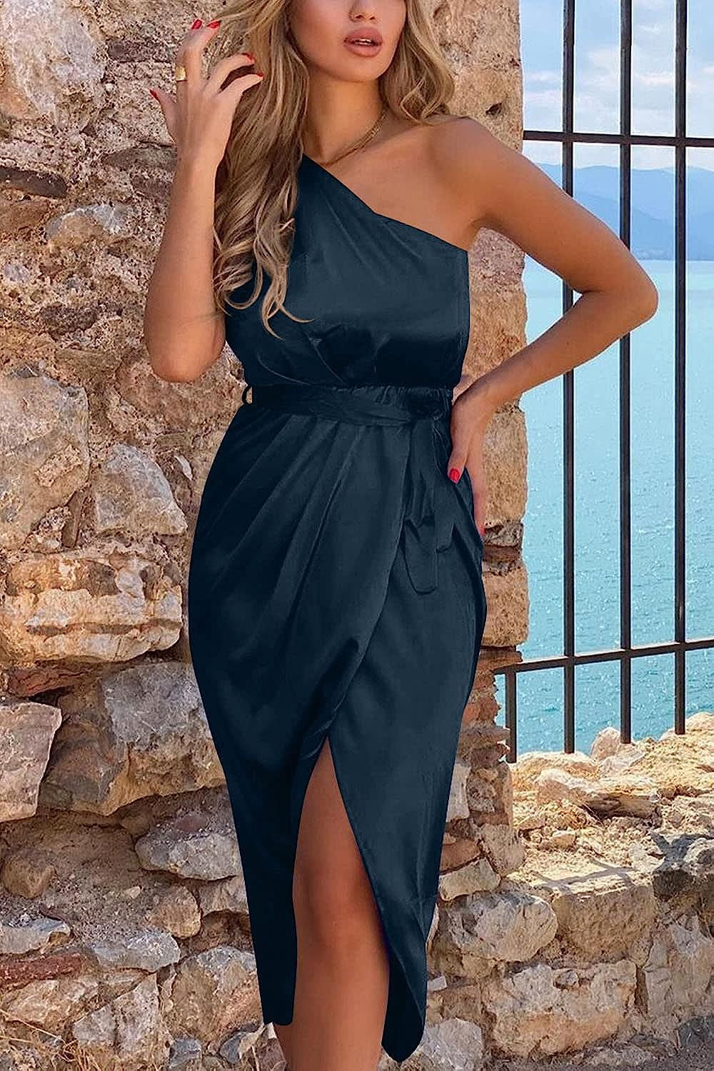 PRETTYGARDEN Women's 2023 Summer Ruched Bodycon Dress Sleeveless One Shoulder Wrap Satin Belted C... | Amazon (US)