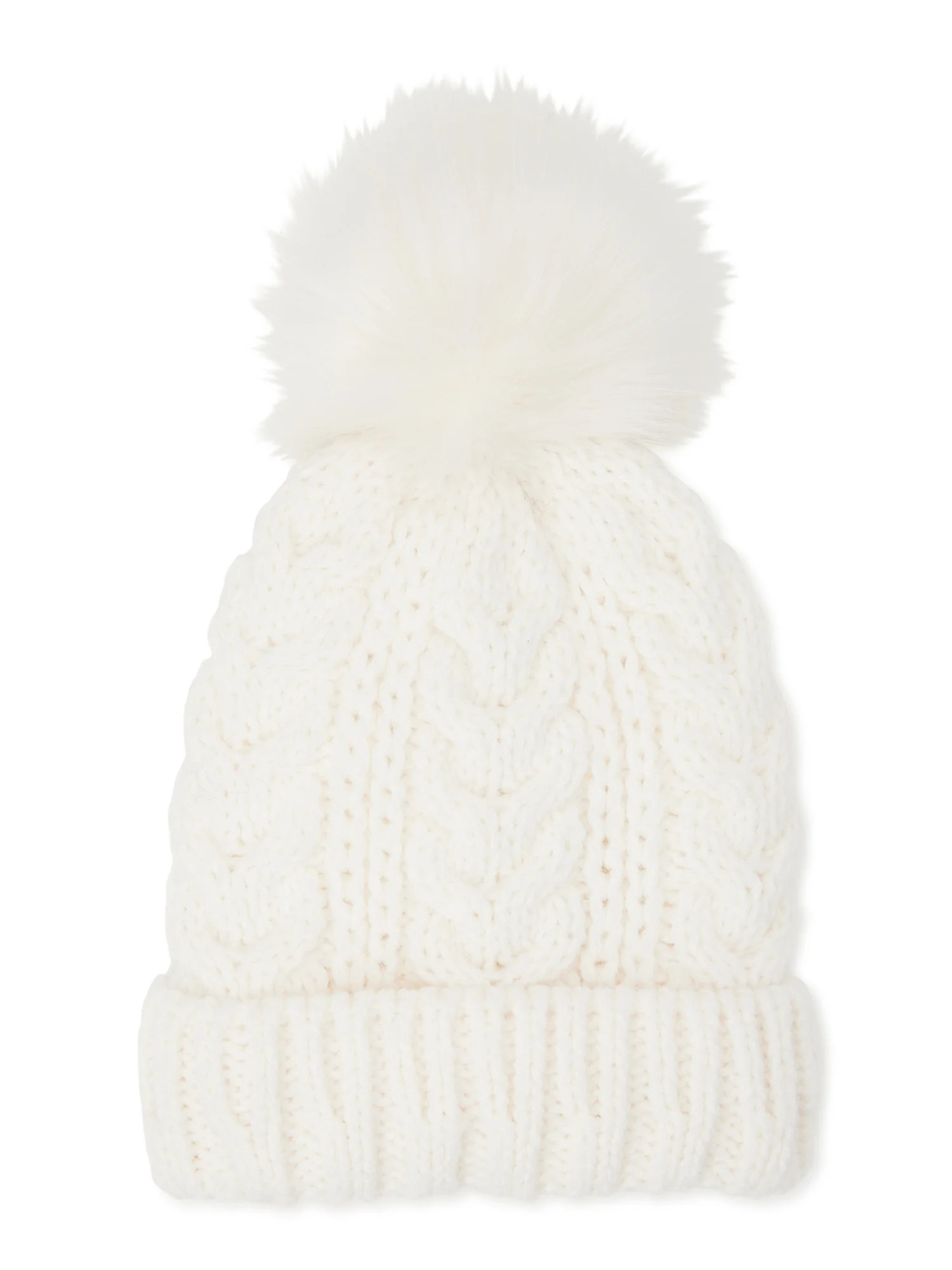Time and Tru Women's Pom Cable Knit Winter Beanie, Winter White - Walmart.com | Walmart (US)