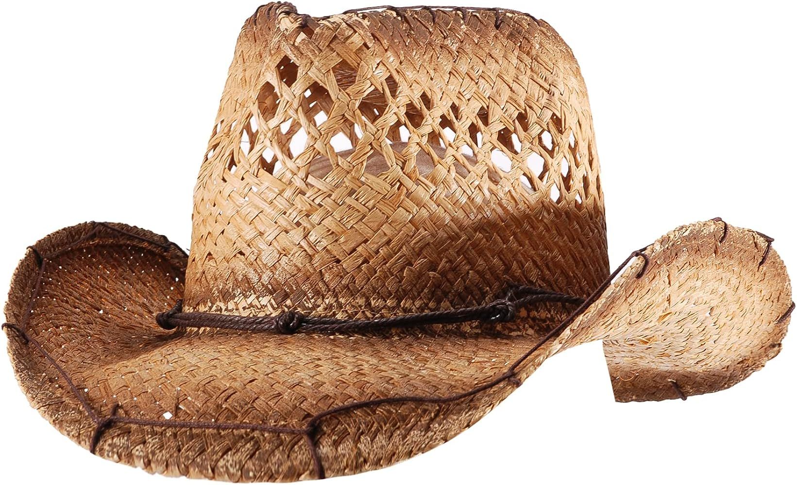 Straw Cowboy Cowgirl Hats for Women Men Summer Beach Sun Hat Panama Wide Brim Western Hat | Amazon (US)