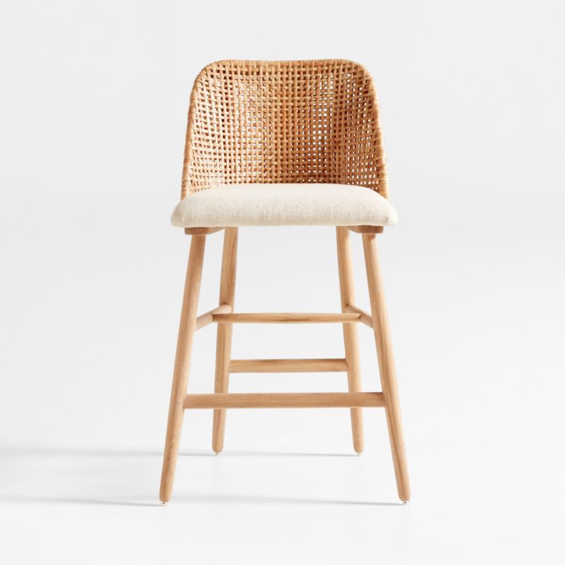 Astric Upholstered Oak Wood and Rattan Counter Stool | Crate & Barrel | Crate & Barrel