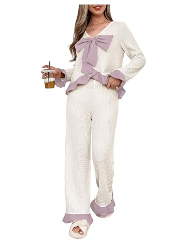 Verdusa Women's 2 Piece Pajama Sets 3D Bow Ruffled Textured Long Sleeve Shirts and Pants Christmas Lounge Set White Purple X-Large | Amazon (US)