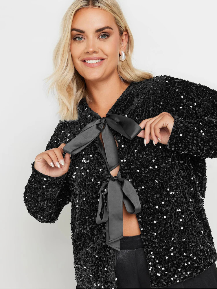 Yours Curve Black Velvet BowTie Front Sequin Jacket | Next EU