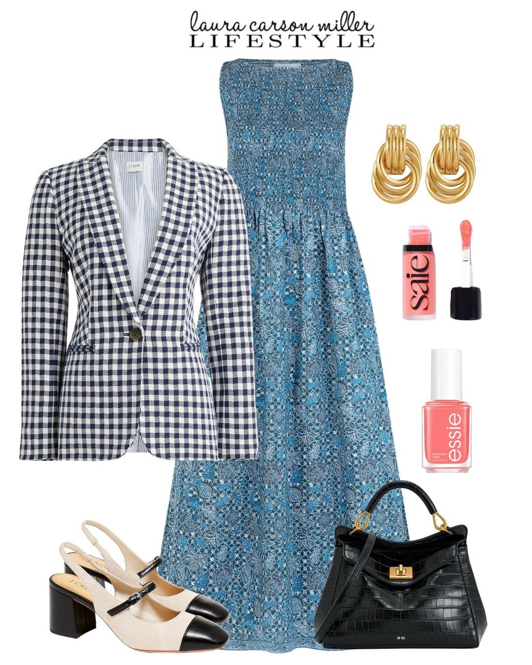 Best dressed wedding guest, client meeting outfit, dinner date outfit, date night outfit.. anytime and anywhere you want to own the room!
Laura Carson Miller, peachy pink makeup, liquid blush, slingbacks heels, croc look bag, checks, mixing patterns, your style your way, style tips, gold earrings, summer nailss

#LTKWedding #LTKStyleTip #LTKWorkwear