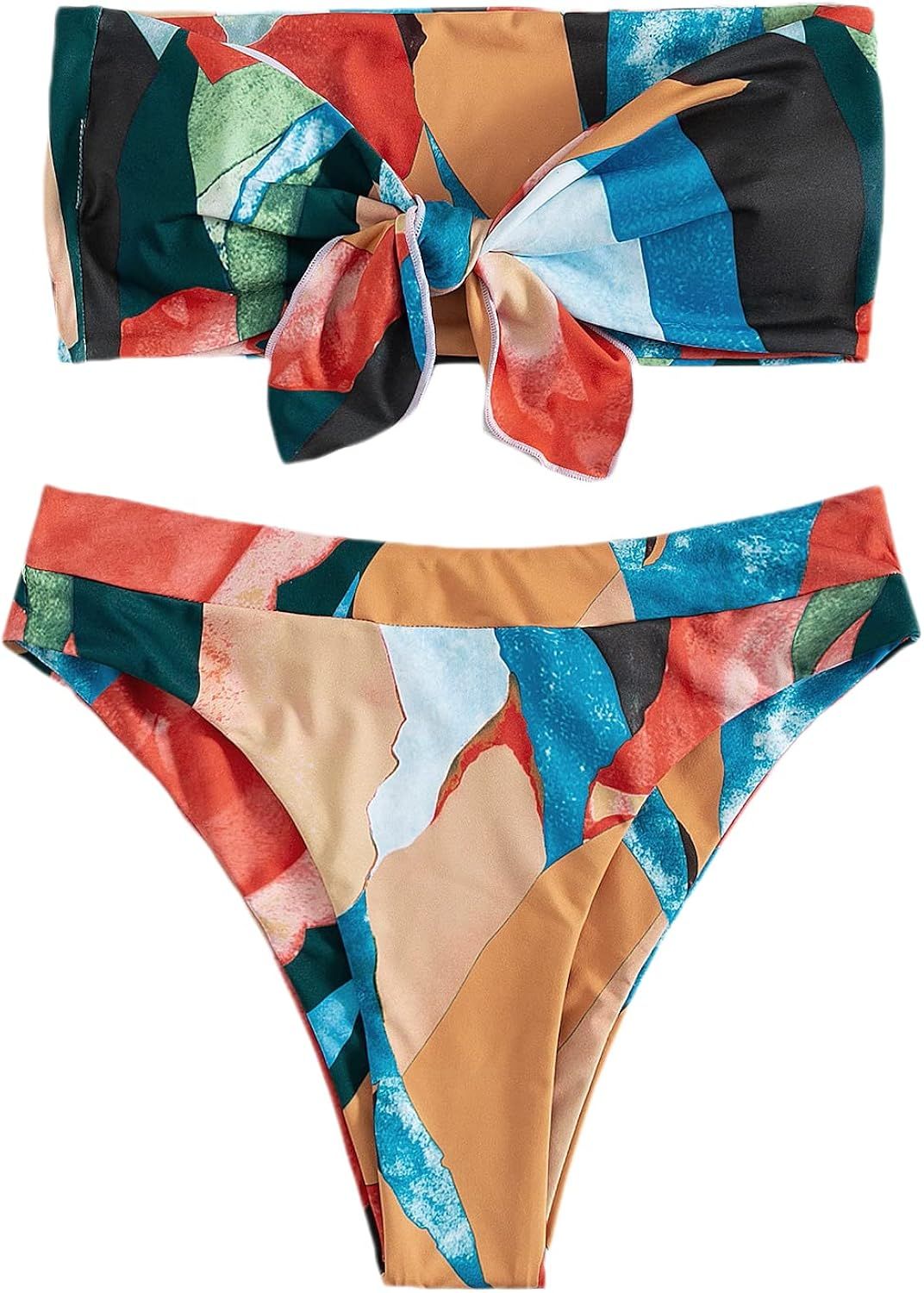 SheIn Women's Graphic Swimsuit Tie Front Bandeau and High Waist Panty Bikini Set Bathing Suit | Amazon (US)