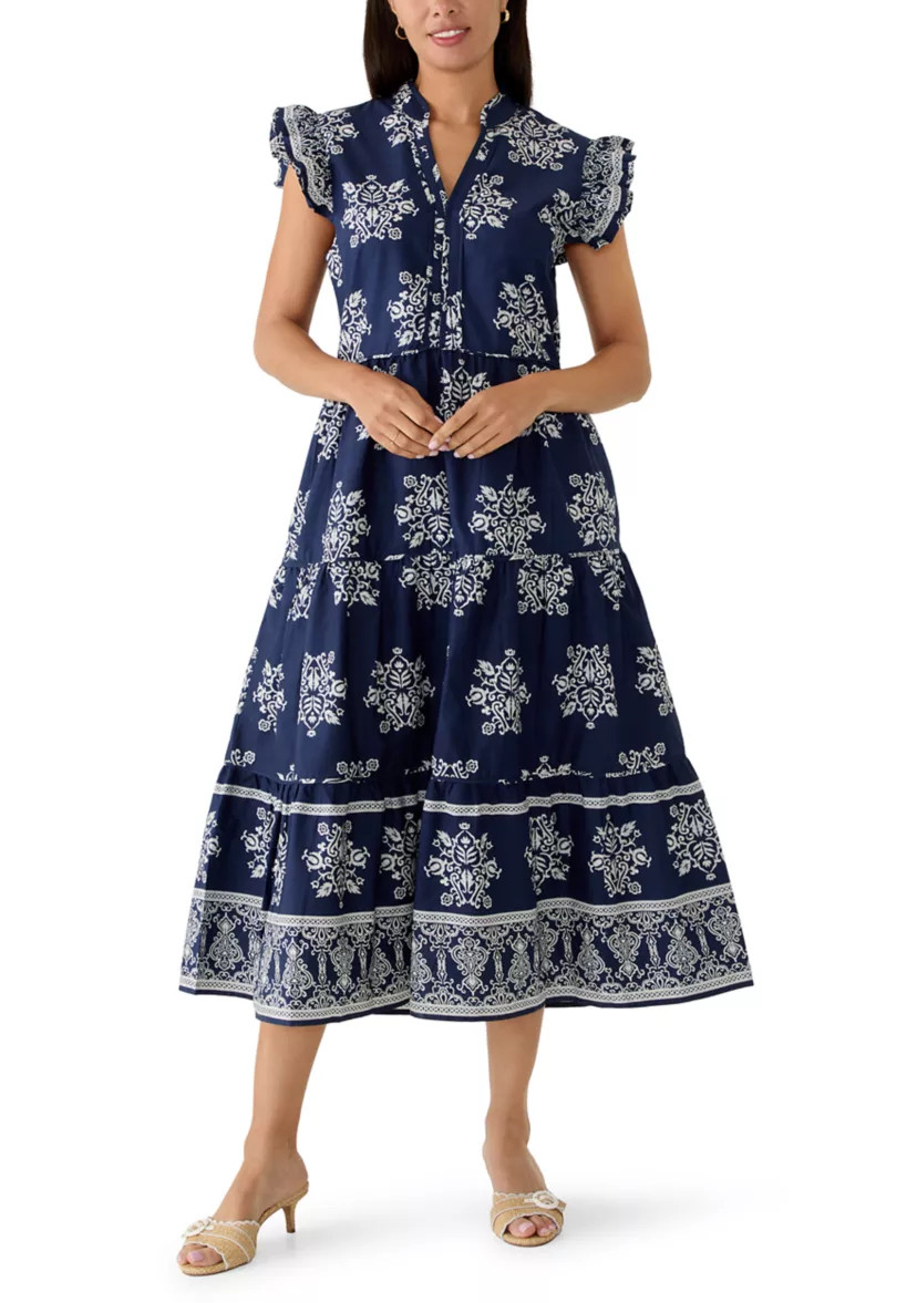 Women's Flutter Sleeve Tiered Border Midi Dress | Belk