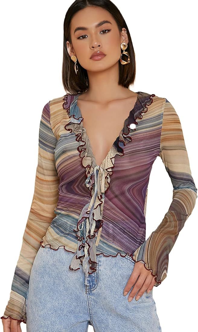 SheIn Women's Marble Ruffle Mesh Blouse Long Sleeve Tie Front V Neck Shirt Top | Amazon (US)