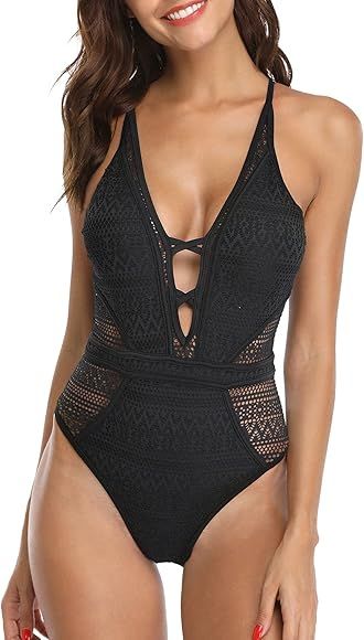 SOCIALA Women's Crochet One Piece Swimsuits V Neck High Waist Bathing Suit Sexy Hollow Monokini Swim | Amazon (US)