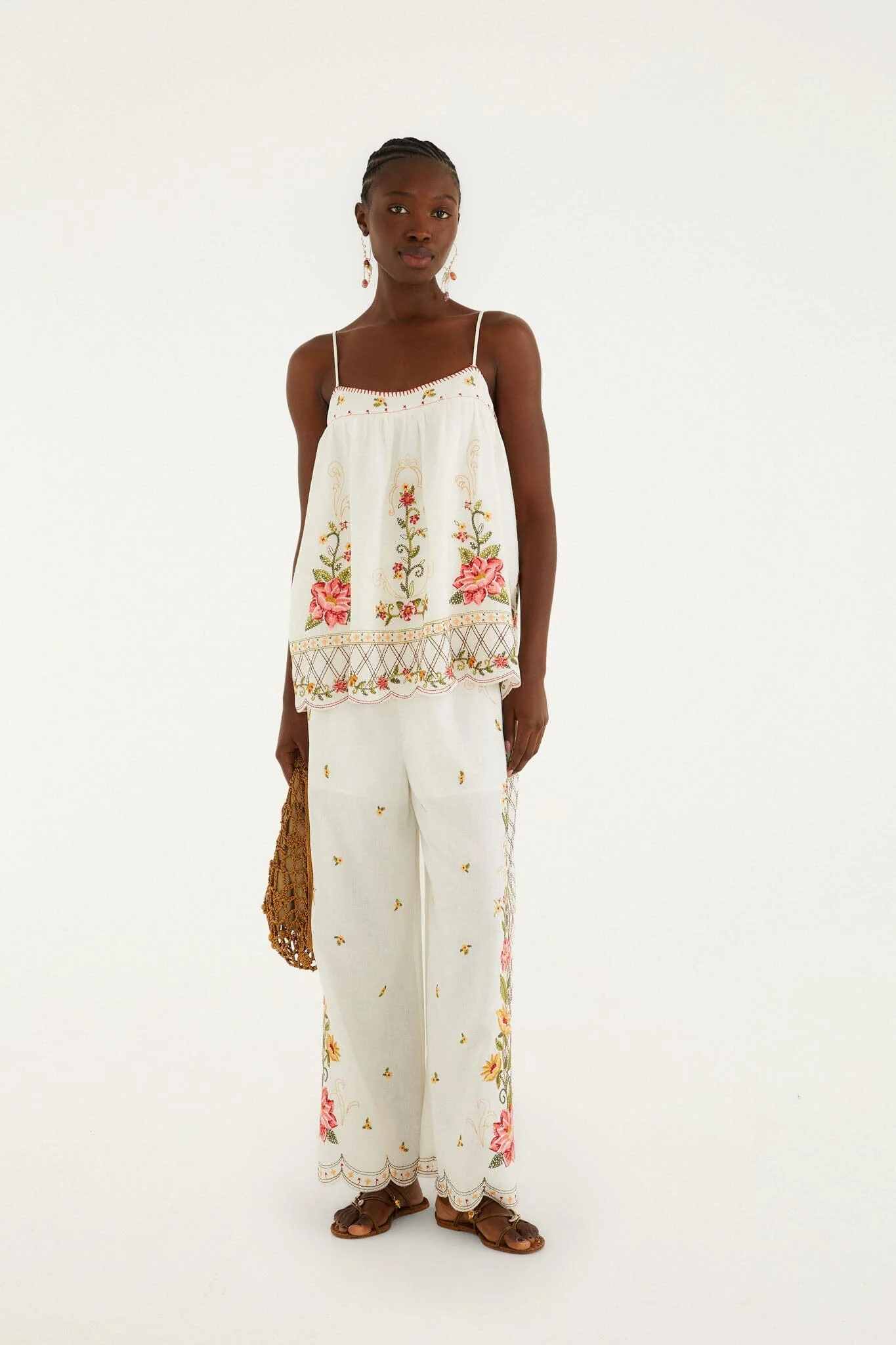 Off-White Flower Embroidery Wide-Leg Pants | FARM Rio | FarmRio (US)