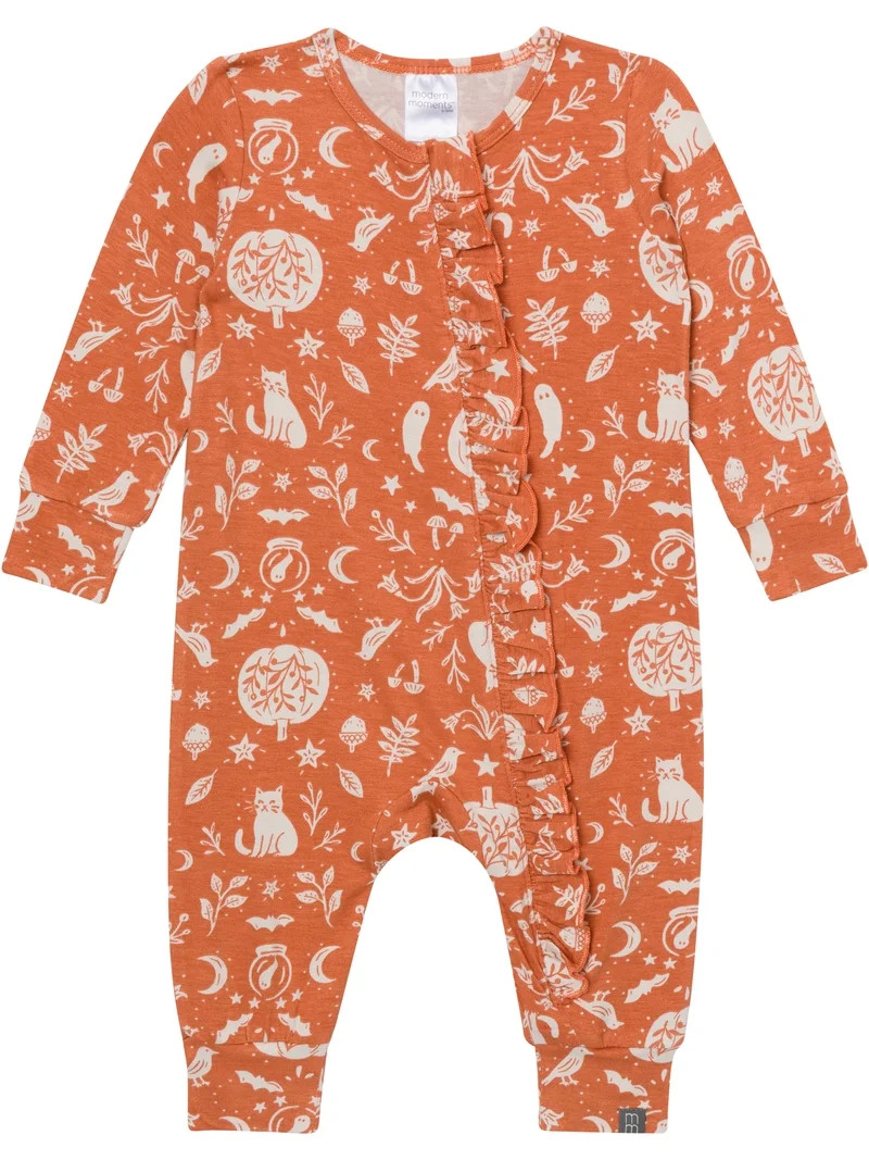 Modern Moments by Gerber Baby Girl Two-Way Zip Viscose Halloween Long Sleeve Coverall & Ruffle De... | Walmart (US)