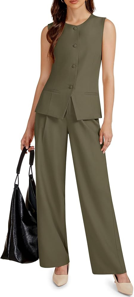 Casly Lamiit Women's 2 Piece Outfit Spring 2026 Sleeveless Suit Vest and Wide Leg Pants Business ... | Amazon (US)