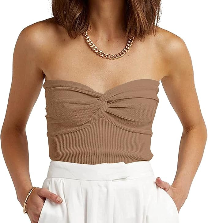 EFAN Womens Tube Tops Summer Twist Knot Front Knit Bandeau Strapless Ribbed Sleeveless Y2K Crop T... | Amazon (US)