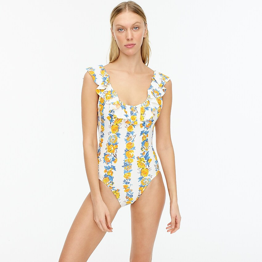 Ruffle scoop-back one-piece in blossom stripe | J. Crew US