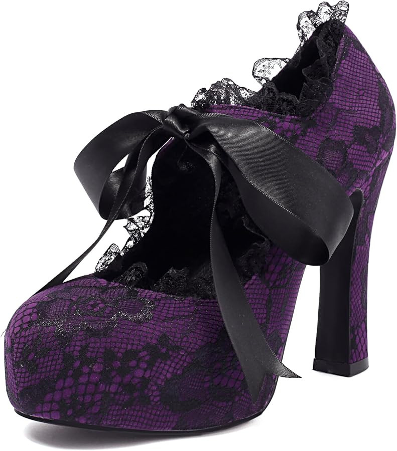 Elerhythm Women's Lace Flower Mary Jane Punk Closed Toe Prom Costume Elegantes Gothic Pumps Vinta... | Amazon (US)