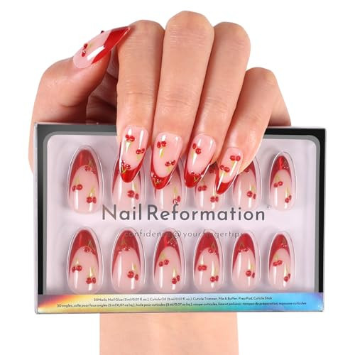 Nail Reformation Press On Nails, Cherry | Pink Medium Almond Fake Nails with Red French Tip & 3D Cherry Accents, Reusable Stick On Nails Kit - 30 Pcs in 15 Sizes with Glue, Manicure Gifts for Women | Amazon (US)